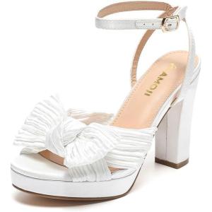 imageAmoji Womens Chunky Platform Heels 4 Bowknot Heeled Sandal Wedding With Ankle Strap 302F4Whitesatin