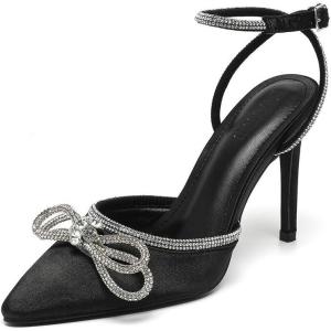 imageAmoji Womens Stilettos Rhinestone High Heels 4 Pumps Ankle Strappy for Wedding Party Dressing Dress Shoes 308Blacksatin