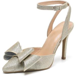 imageAmoji Womens Stilettos Rhinestone High Heels 4 Pumps Ankle Strappy for Wedding Party Dressing Dress Shoes 308Bowgoldglitter