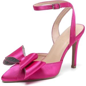 imageAmoji Womens Stilettos Rhinestone High Heels 4 Pumps Ankle Strappy for Wedding Party Dressing Dress Shoes 308Bowrosesatin