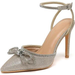 imageAmoji Womens Stilettos Rhinestone High Heels 4 Pumps Ankle Strappy for Wedding Party Dressing Dress Shoes 308Goldglitter