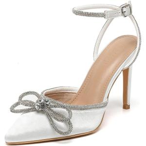 imageAmoji Womens Stilettos Rhinestone High Heels 4 Pumps Ankle Strappy for Wedding Party Dressing Dress Shoes 308Whitesatin