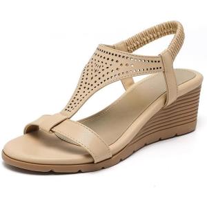 imageAmoji Womens Wedge Heels Sandals Comfortable Dressy Summer Shoes Elastic Strap 603604apricot