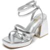 imageAmoji Womens Silver Platform Heels Chunky Heeled Sandals Dressy Block Heels Strappy Thick Heels Prom Wedding Shoes 305 Silver Size 7 Women