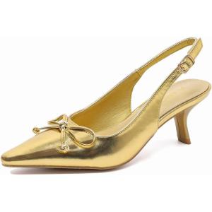 imageAmoji Womens 2 Inch Kitten Bow Heels Slingback Pointed Toe Pump Wedding Dress Shoes FZ338Gold