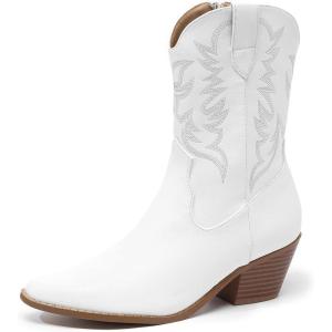 imageAmoji Women Western Cowboy Boots Cowgirl Mid Calf Boots Pull On D307D307white