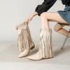 imageAmoji Women Western Cowboy Boots Pointed Toe Cowgirl Knee High Boots Pull On With Zipper 307307beigetassels