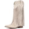 imageAmoji Women Western Cowboy Boots Pointed Toe Cowgirl Knee High Boots Pull On With Zipper 307307beigetassels