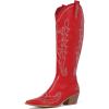 imageAmoji Women Western Cowboy Boots Pointed Toe Cowgirl Knee High Boots Pull On With Zipper 307307red