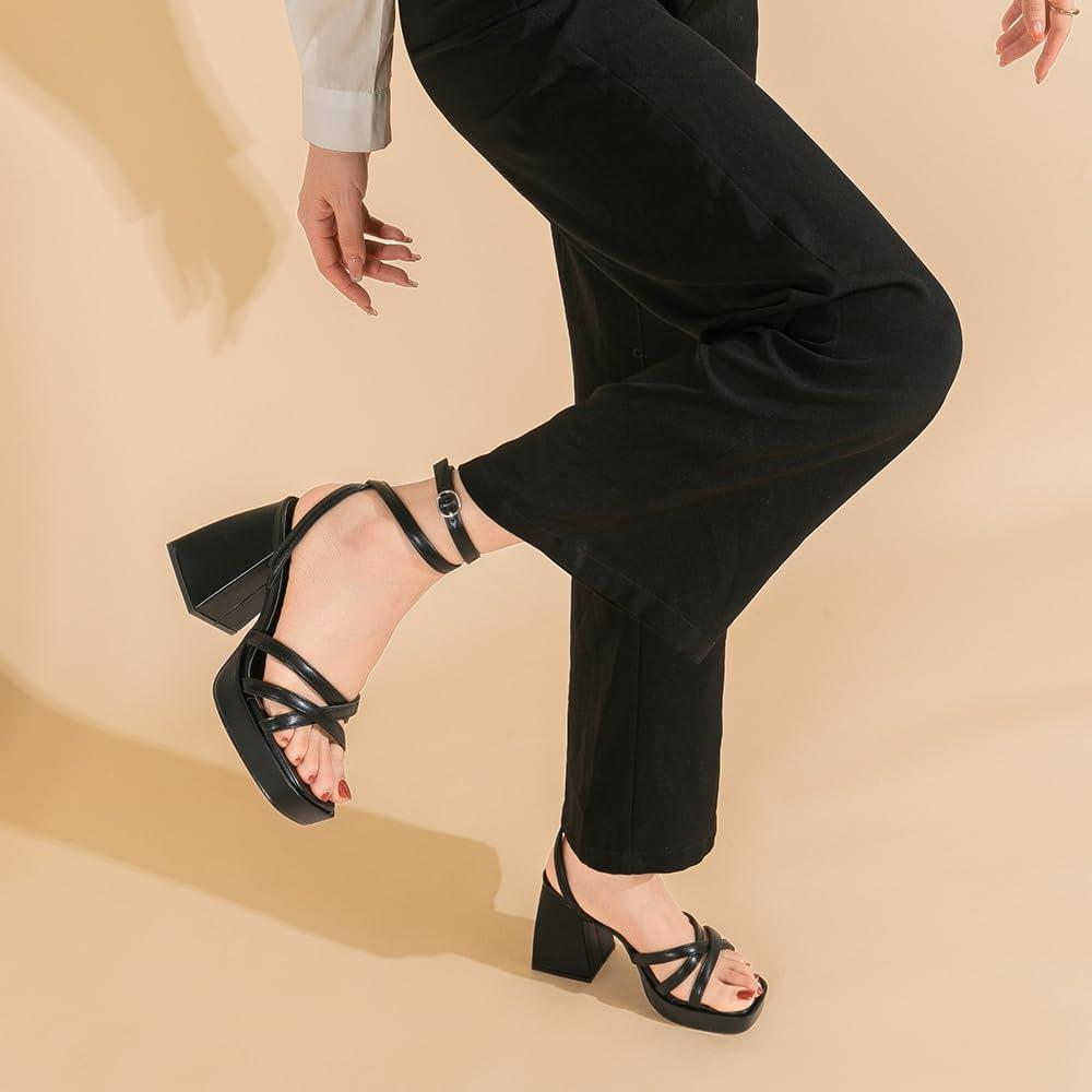 imageAmoji Womens 4 Inch Platform Chunky Heel Strappy Ankle Strap Block Heeled Sandals 305Black