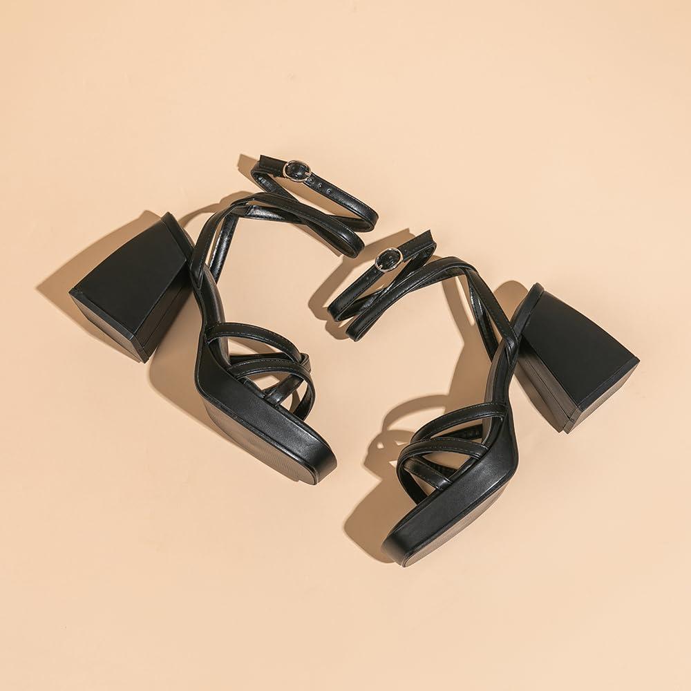 imageAmoji Womens 4 Inch Platform Chunky Heel Strappy Ankle Strap Block Heeled Sandals 305Black