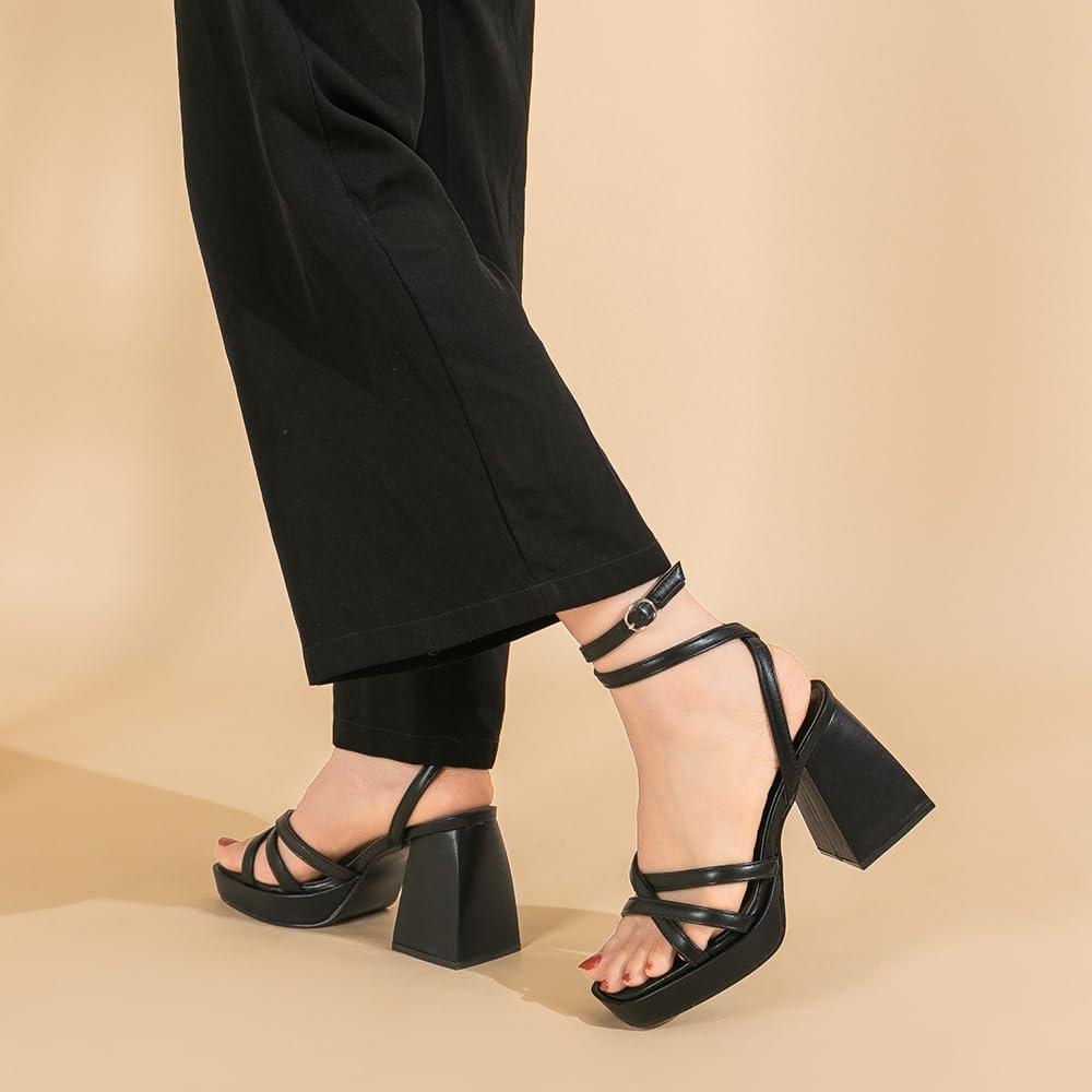 imageAmoji Womens 4 Inch Platform Chunky Heel Strappy Ankle Strap Block Heeled Sandals 305Black