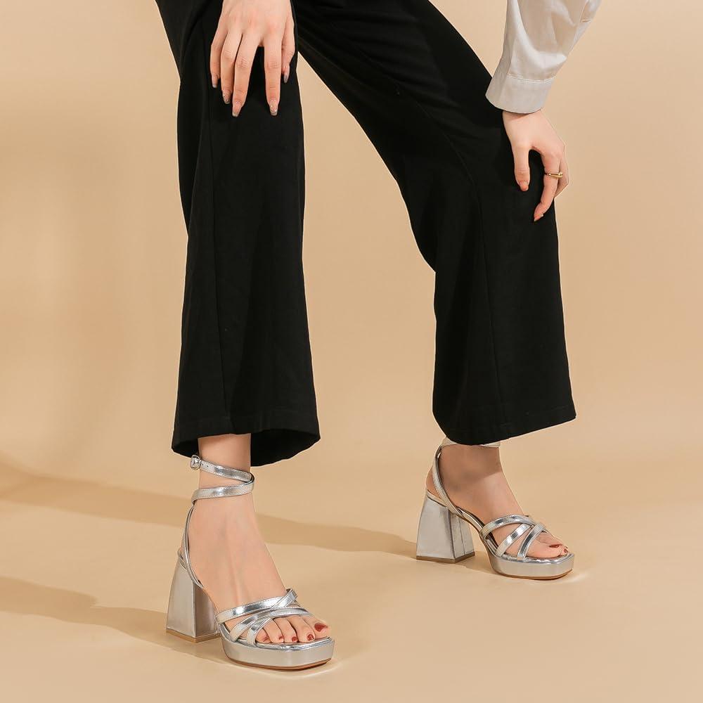 imageAmoji Womens 4 Inch Platform Chunky Heel Strappy Ankle Strap Block Heeled Sandals 305Silver