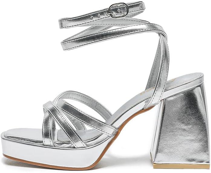 imageAmoji Womens 4 Inch Platform Chunky Heel Strappy Ankle Strap Block Heeled Sandals 305Silver