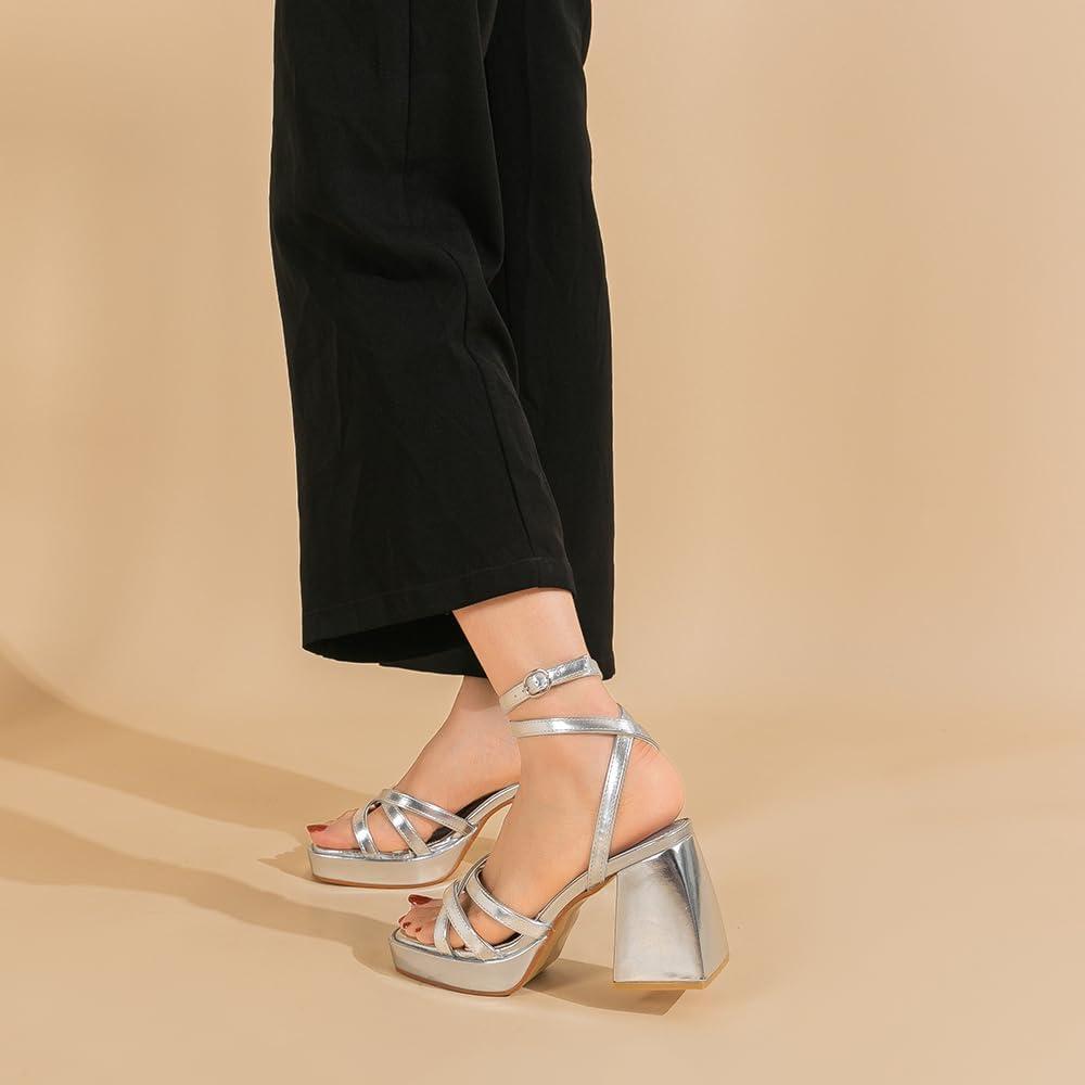 imageAmoji Womens 4 Inch Platform Chunky Heel Strappy Ankle Strap Block Heeled Sandals 305Silver