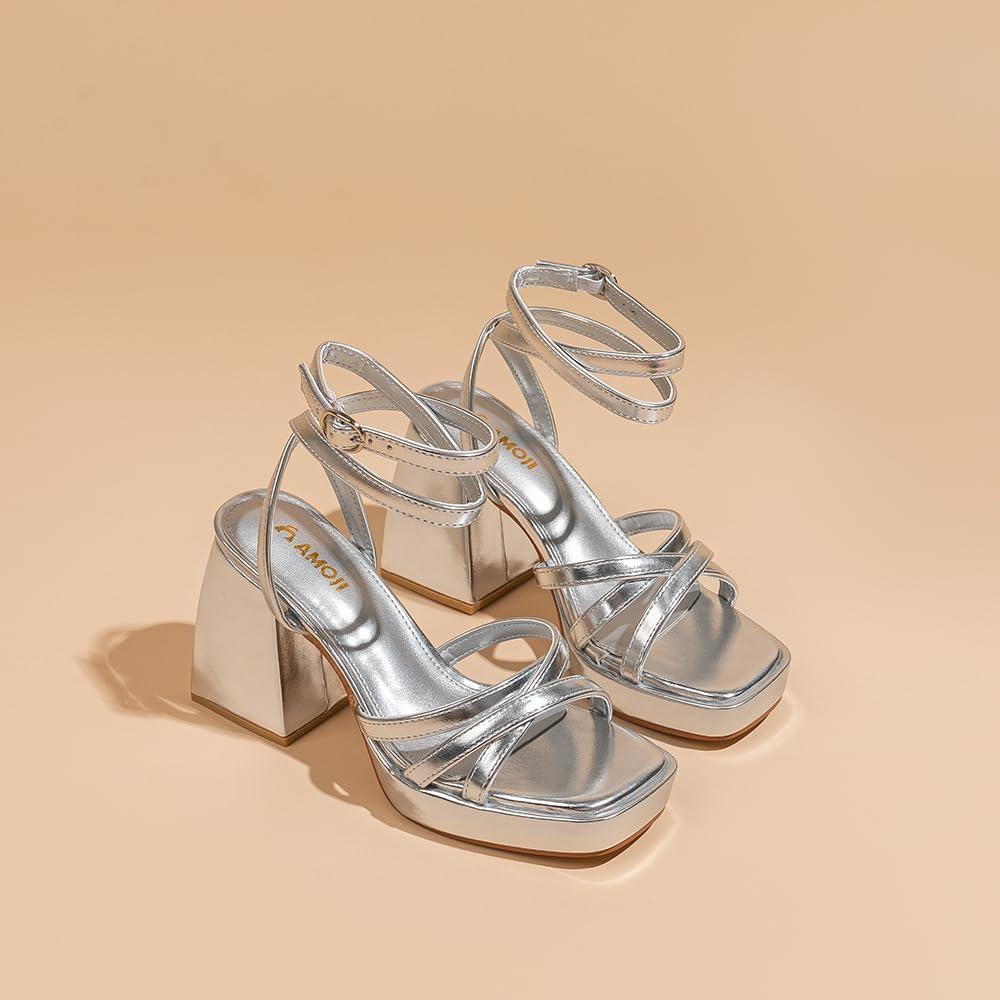 imageAmoji Womens 4 Inch Platform Chunky Heel Strappy Ankle Strap Block Heeled Sandals 305Silver