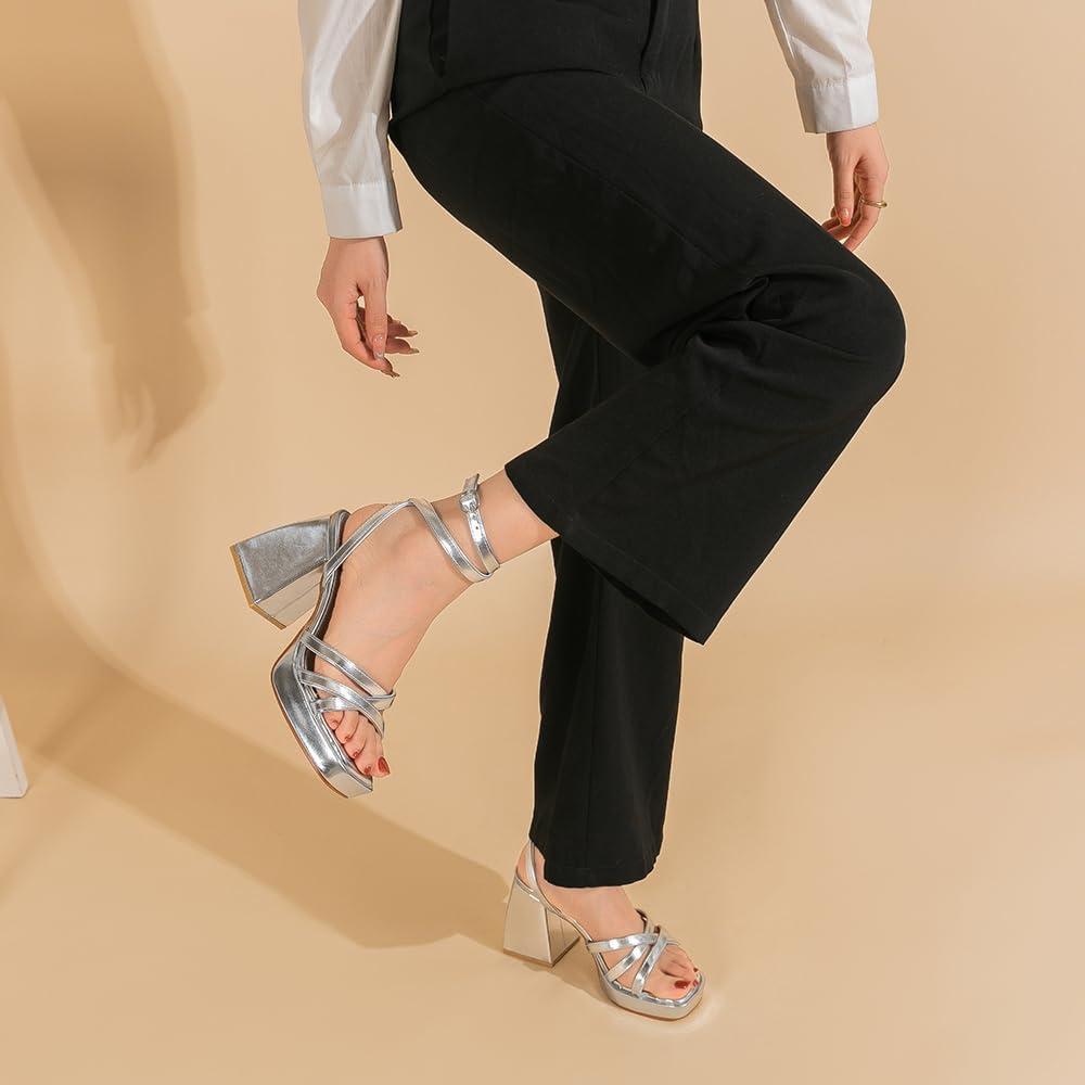 imageAmoji Womens 4 Inch Platform Chunky Heel Strappy Ankle Strap Block Heeled Sandals 305Silver