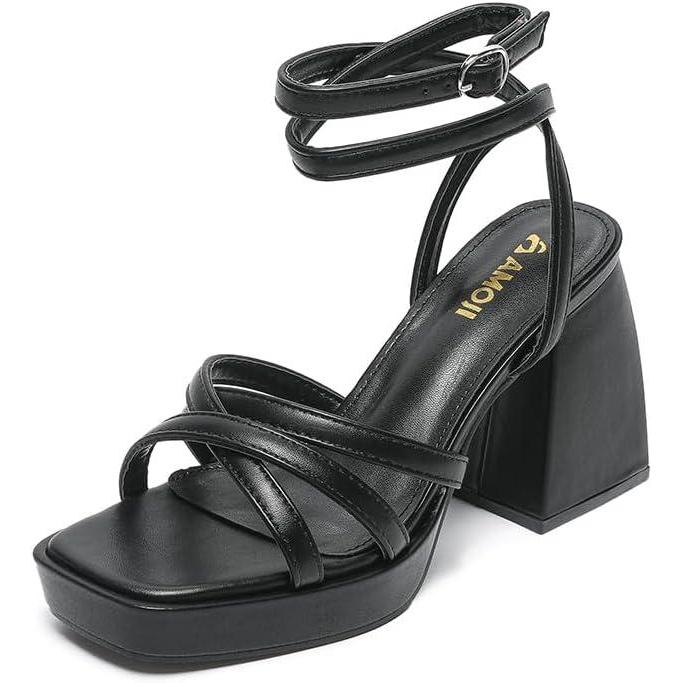 imageAmoji Womens 4 Inch Platform Chunky Heel Strappy Ankle Strap Block Heeled Sandals 305Black