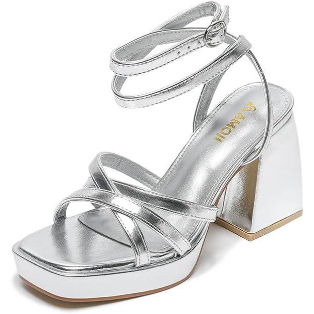 imageAmoji Womens 4 Inch Platform Chunky Heel Strappy Ankle Strap Block Heeled Sandals 305Silver