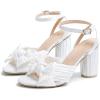 image:imageAmoji Womens Satin Block Heeled 3 Inch4 Inch Sandal Bowknot Pleated Ankle Strap for Wedding Party Dress Shoes 302Satinwhite