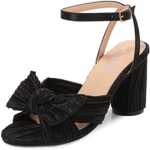image:imageAmoji Womens Satin Block Heeled 3 Inch4 Inch Sandal Bowknot Pleated Ankle Strap for Wedding Party Dress Shoes 302Satinblack