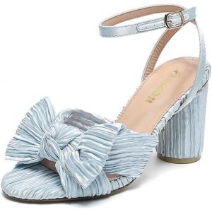 image:imageAmoji Womens Satin Block Heeled 3 Inch4 Inch Sandal Bowknot Pleated Ankle Strap for Wedding Party Dress Shoes 302Satinblue