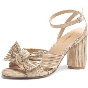 image:imageAmoji Womens Satin Block Heeled 3 Inch4 Inch Sandal Bowknot Pleated Ankle Strap for Wedding Party Dress Shoes 302Satinchampagne