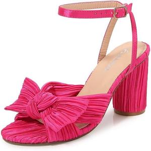 image:imageAmoji Womens Satin Block Heeled 3 Inch4 Inch Sandal Bowknot Pleated Ankle Strap for Wedding Party Dress Shoes 302Satinfuchsia