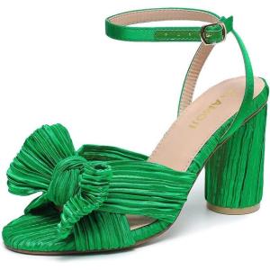 image:imageAmoji Womens Satin Block Heeled 3 Inch4 Inch Sandal Bowknot Pleated Ankle Strap for Wedding Party Dress Shoes 302Satingreen