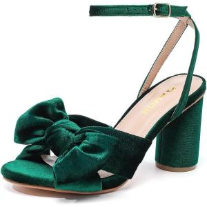 image:imageAmoji Womens Satin Block Heeled 3 Inch4 Inch Sandal Bowknot Pleated Ankle Strap for Wedding Party Dress Shoes 302Velvetgreen