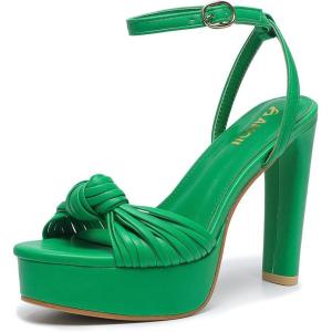 image:imageAmoji Womens Block Heels 4 Inch Platform Braid Knot Ankle Strap Lady Heeled Sandals FZ3194inchpugreen